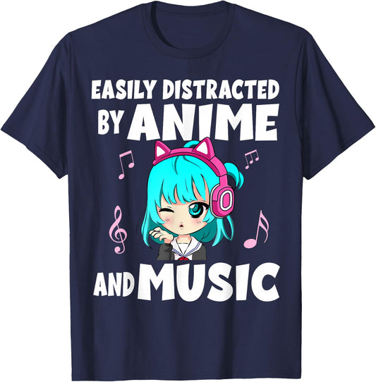 Funny Anime and Music Girl for Teen Chibi Graphic Anime Girl T-Shirt - T-Shirt | Navy