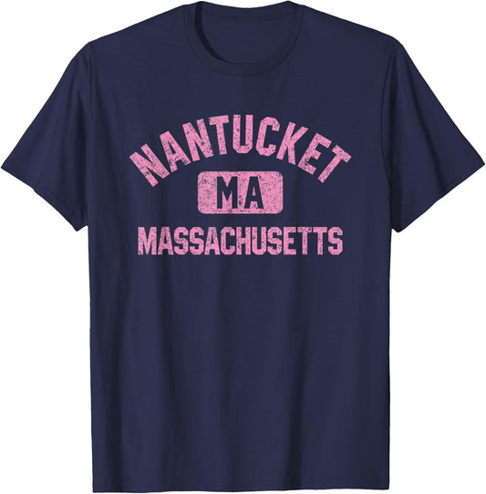 Nantucket Massachusetts MA Gym Style Distressed Pink Print T-Shirt - T-Shirt | Navy