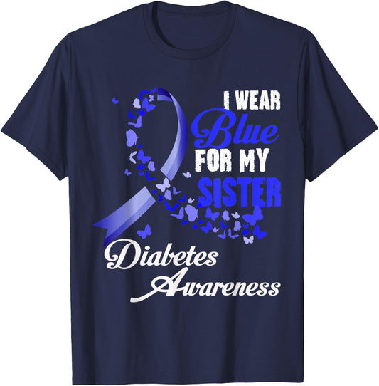 I Wear Blue For My Sister T1D Diabetes Awareness Blue Ribbon T-Shirt - T-Shirt | Navy