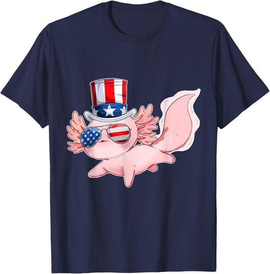 4th of July Cute Axolotl Independence Day USA glasses Hat Kids Men T-Shirt - T-Shirt | Navy
