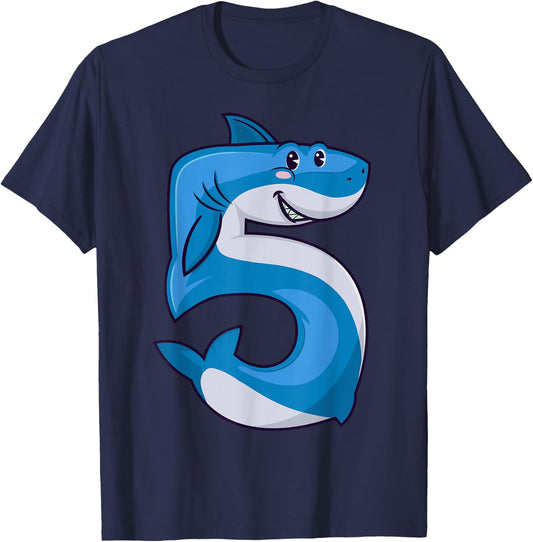 Shark 5th Birthday 5 Years Old Kids Boys Toddler Fifth Party T-Shirt - T-Shirt | Navy