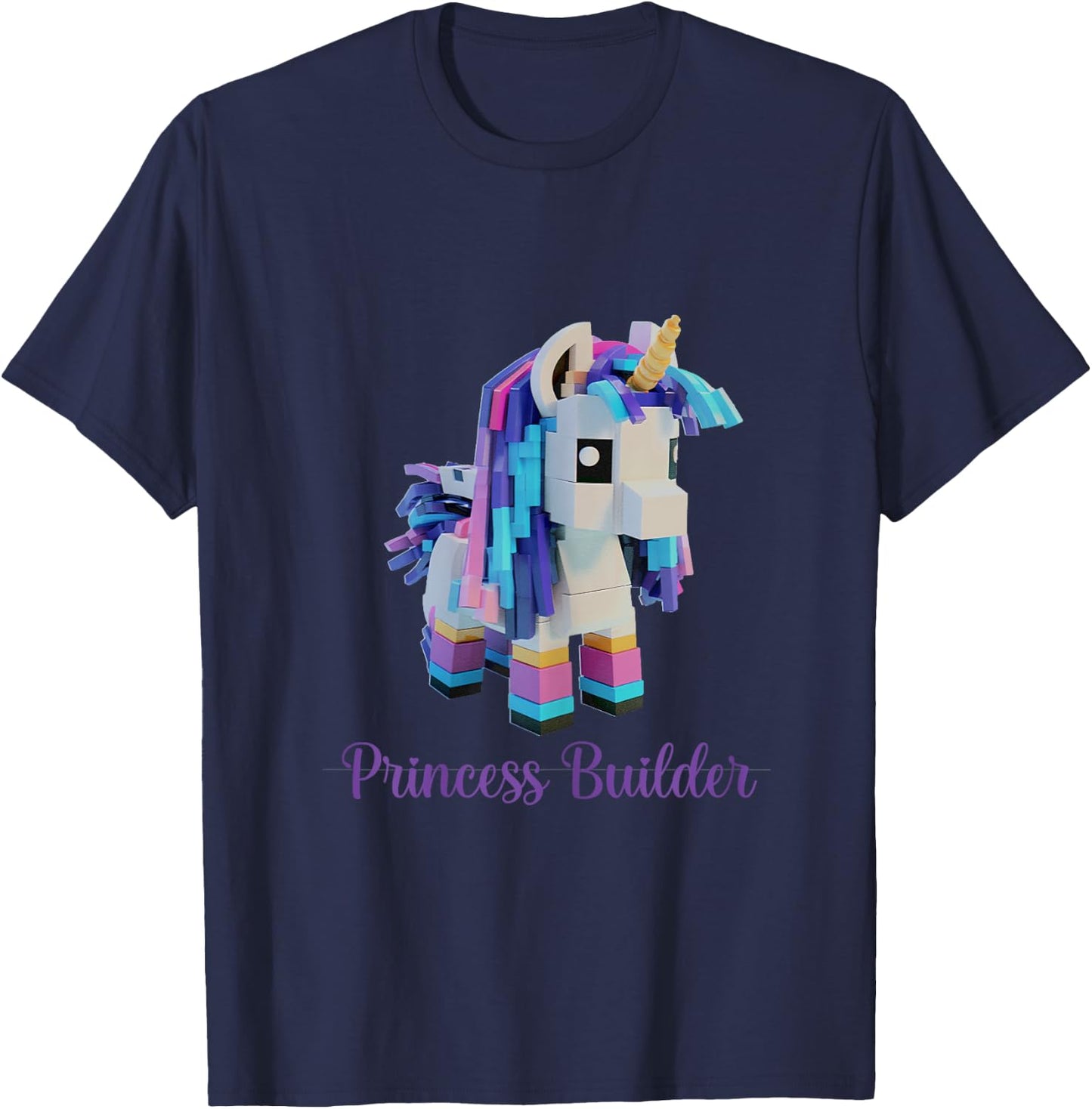 Unicorn Building Blocks Bricks Girl Birthday Gift T-Shirt - T-Shirt | Navy