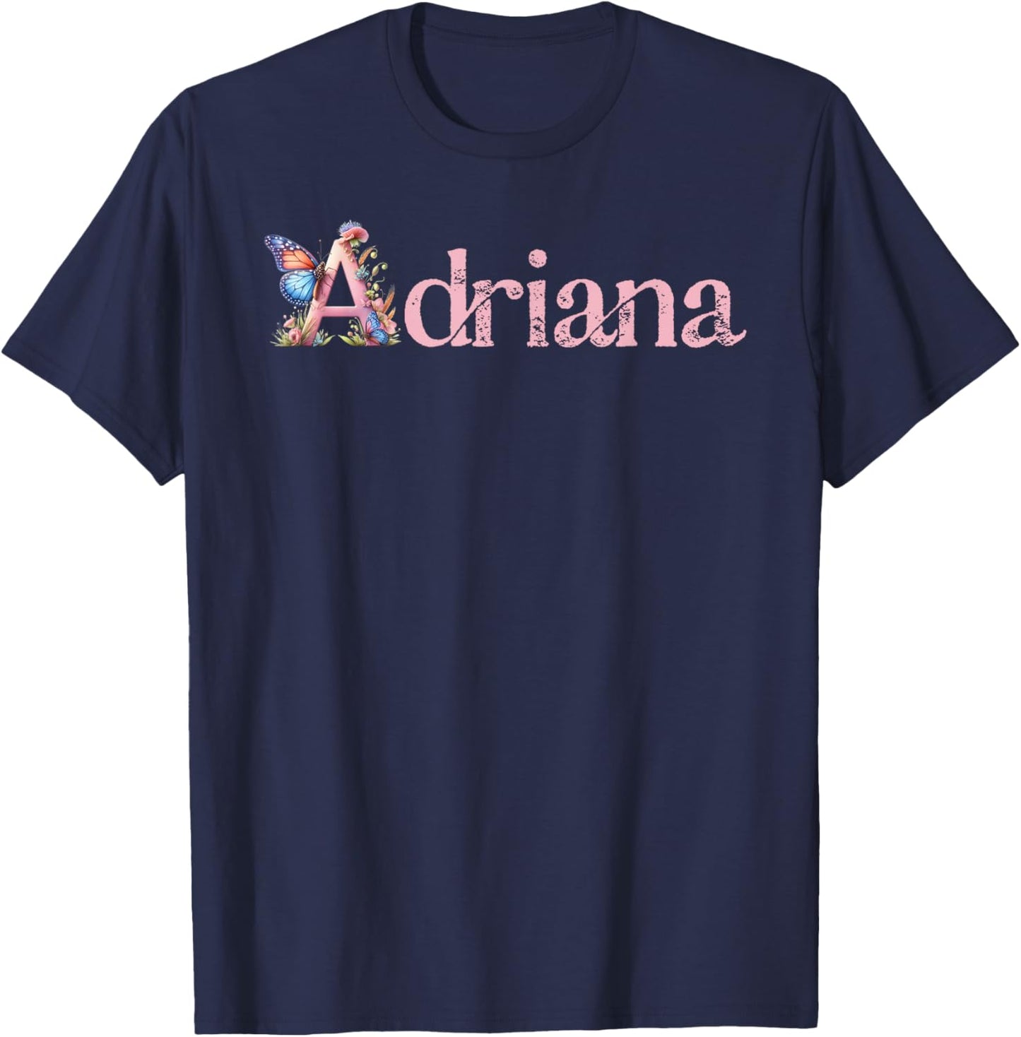 Adriana Initial A Spring Floral And Wings Name T-Shirt - T-Shirt | Navy