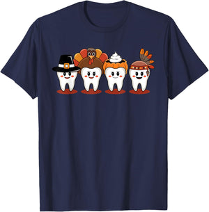 Thanksgiving Dental Tooth Characters cute Dentist turkey T-Shirt - T-Shirt | Navy