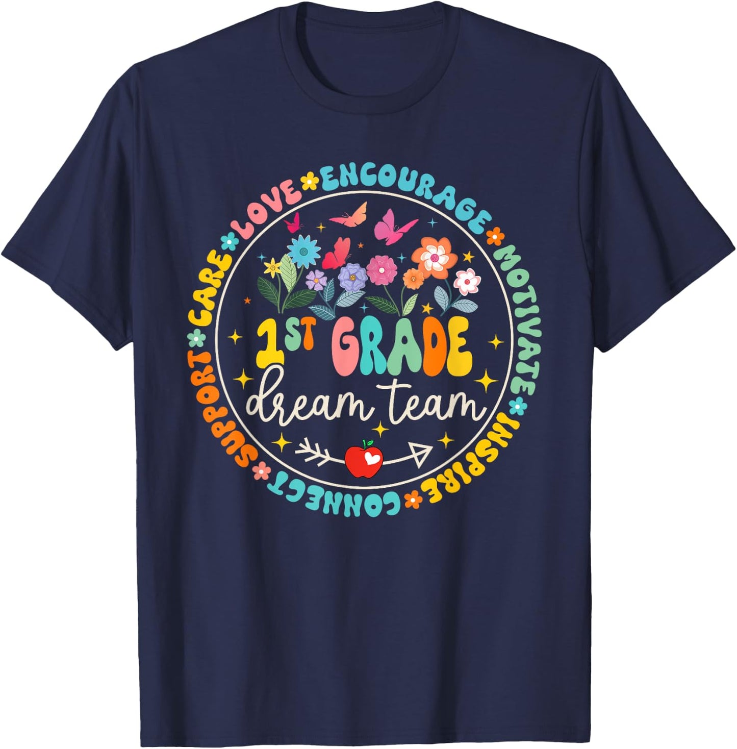 First Grade Dream Team Back To School Tour Teacher Flower T-Shirt - T-Shirt | Navy