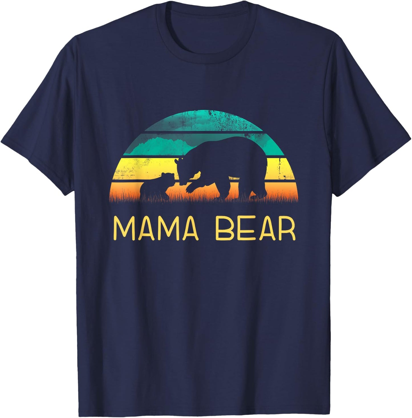 Mama Bear One Cub Vintage Sunset Mother's Day Hiking Outdoor T-Shirt - T-Shirt | Navy