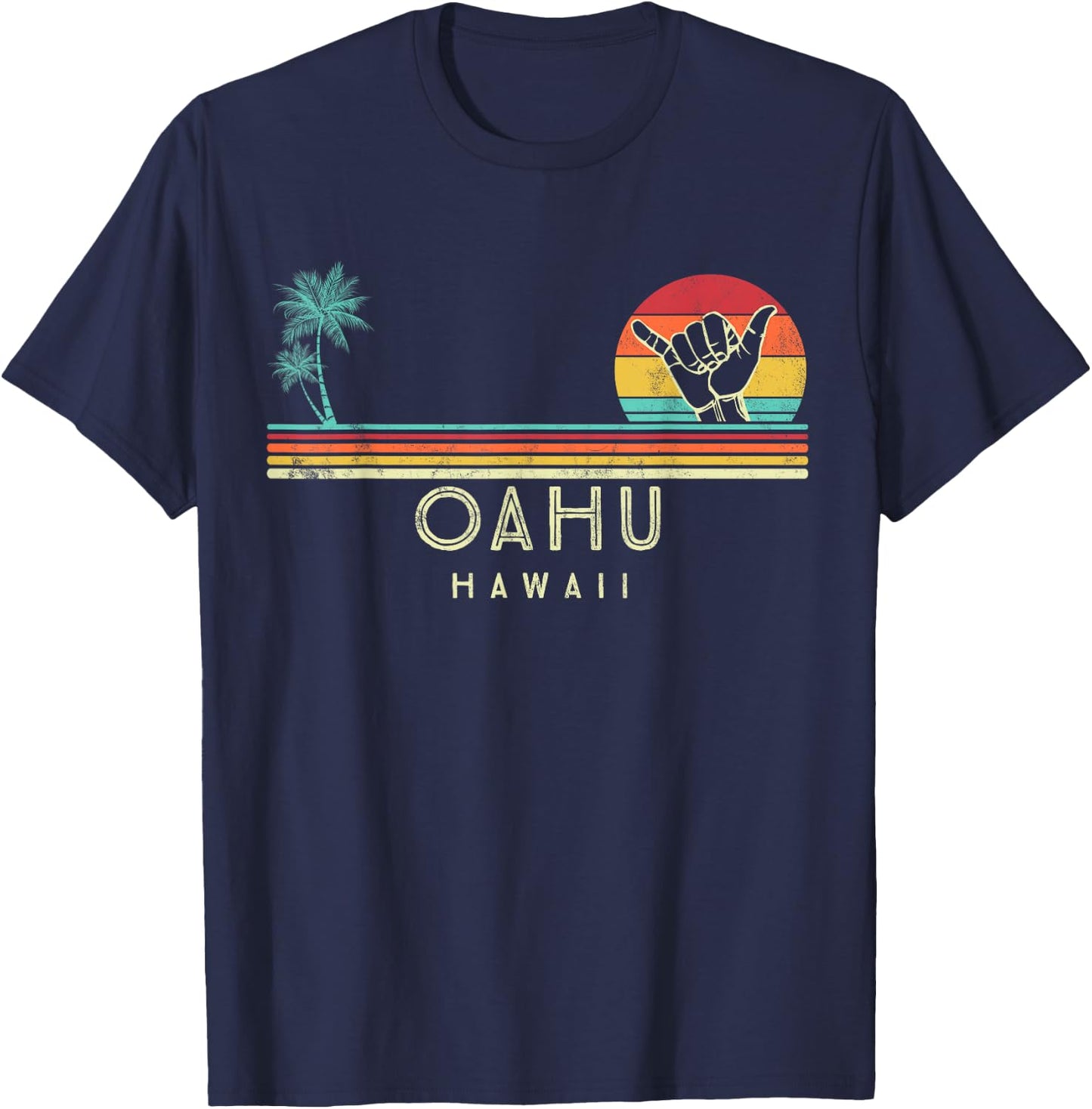Oahu Hawaii Shaka palm trees tropical T-Shirt - T-Shirt | Navy