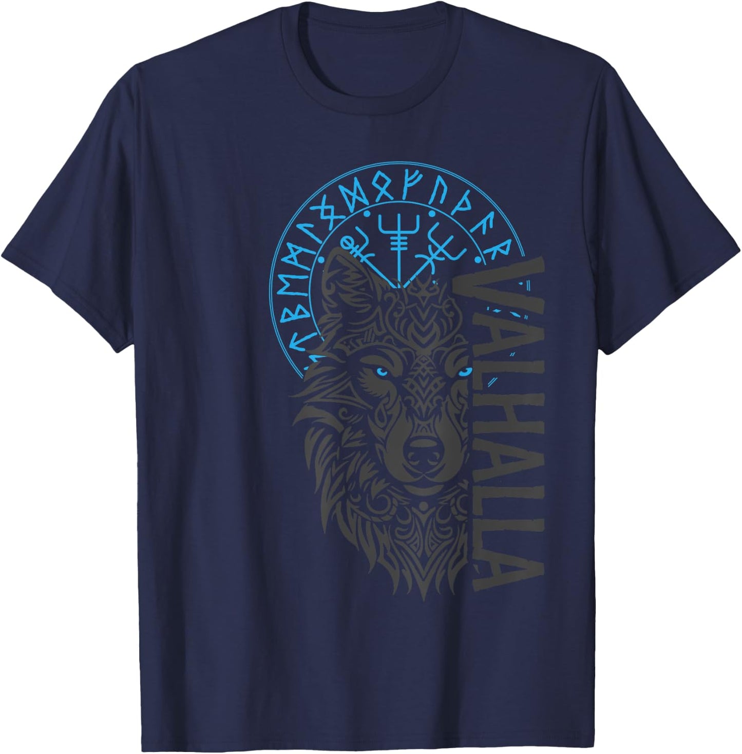 Valhalla & Viking Compass - Nordic Wolf Design , Small, Black T-Shirt - T-Shirt | Navy