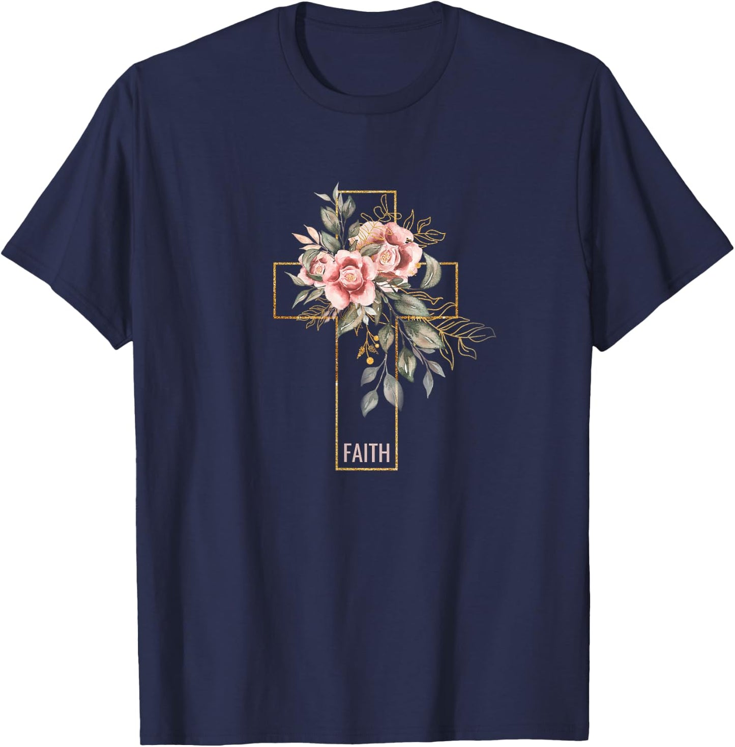 Faith Flowers and Cross Design Christian Believer T-Shirt - T-Shirt | Navy
