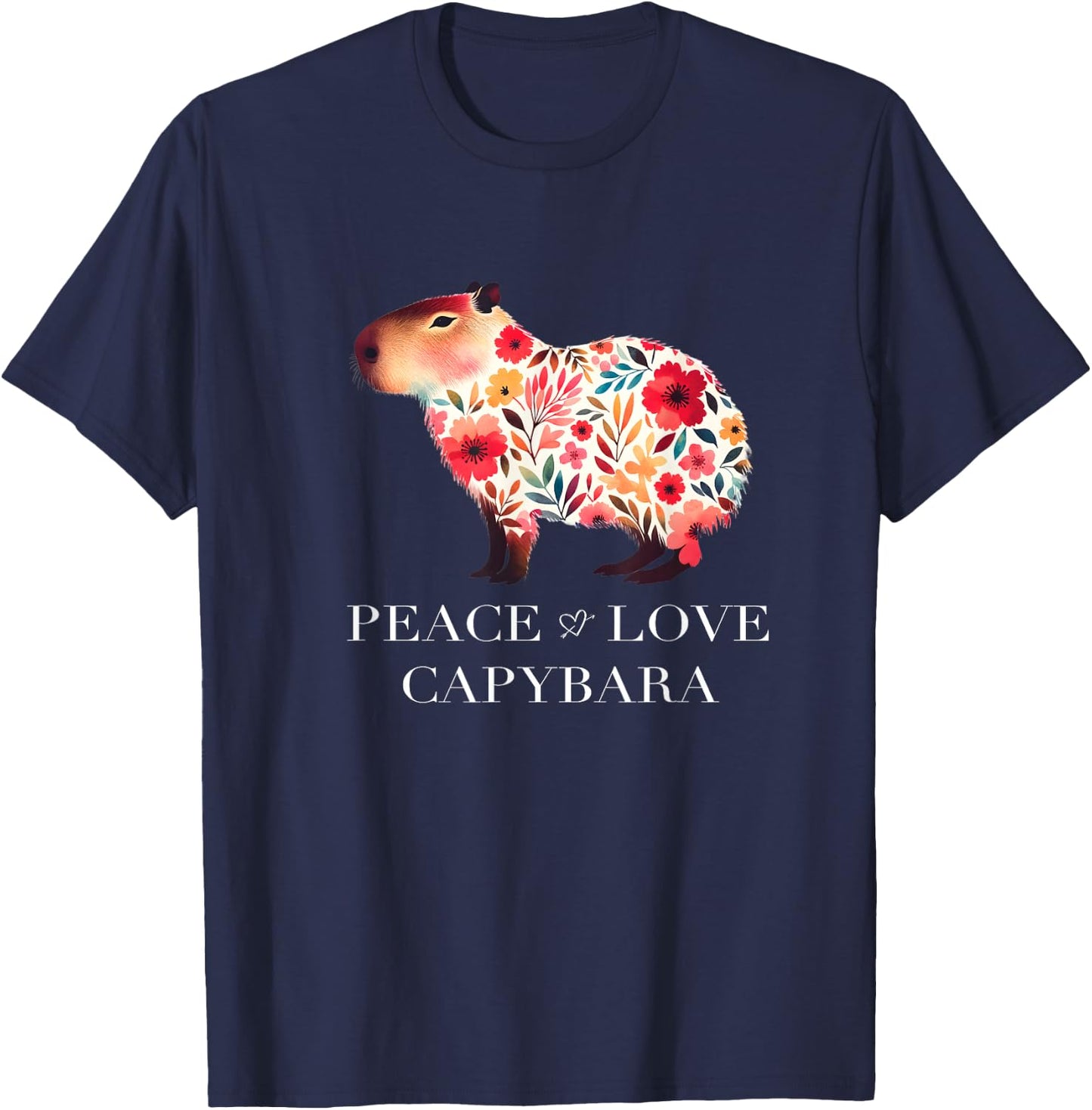 Capybara South American Rodent Floral Wildlife T-Shirt - T-Shirt | Navy
