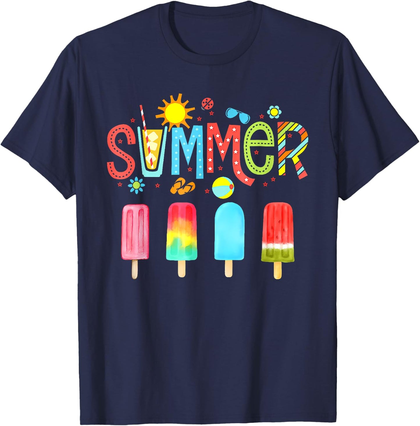 Hello Summer Vacation Ice Cream Popsicle Ice Lolly Gifts Men Women Girls Kids T-Shirt - T-Shirt | Navy