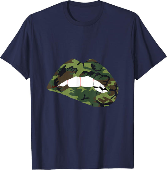 Camouflage Lips Mouth Military Kiss Me Biting Camo Kissing Small T-Shirt - T-Shirt | Navy