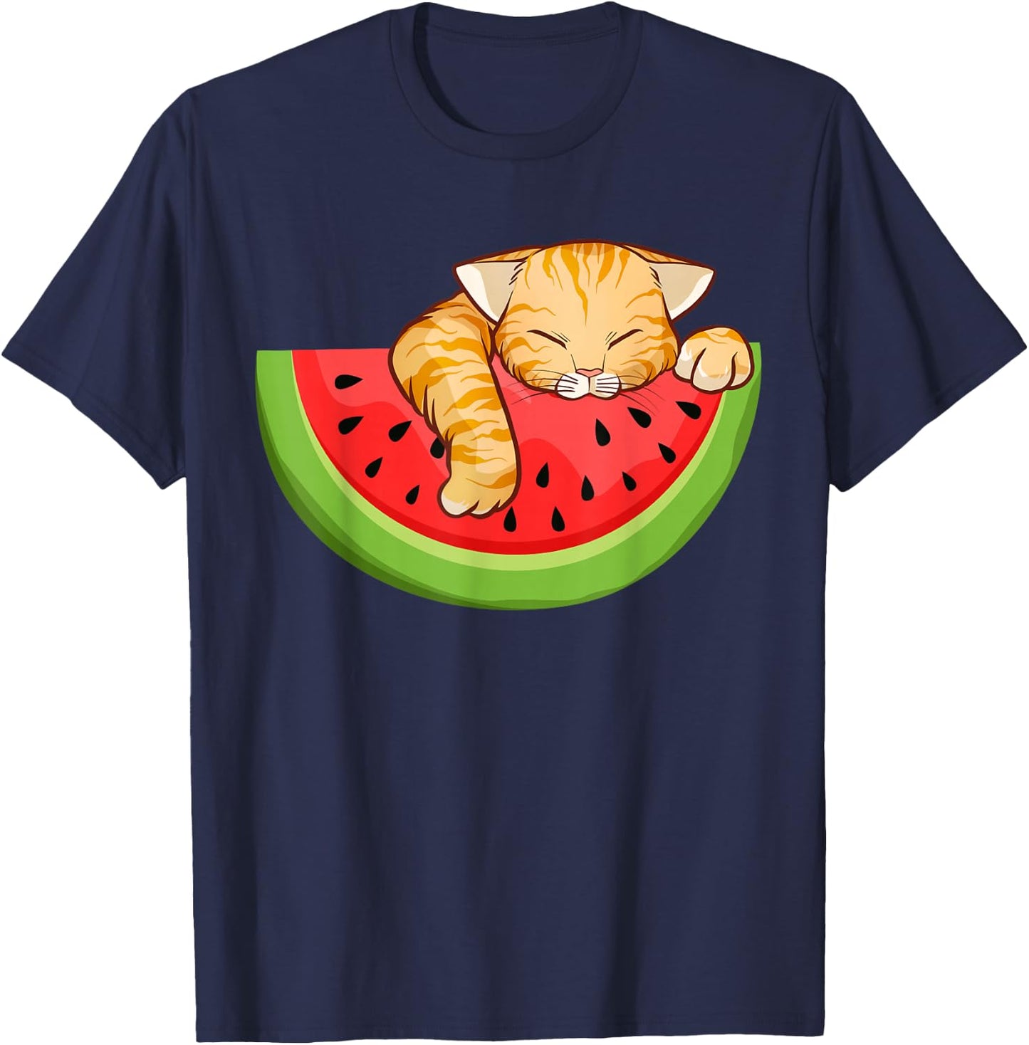 Cute Cat Eating Watermelon Fruit Summer Men Women Girls T-Shirt - T-Shirt | Navy