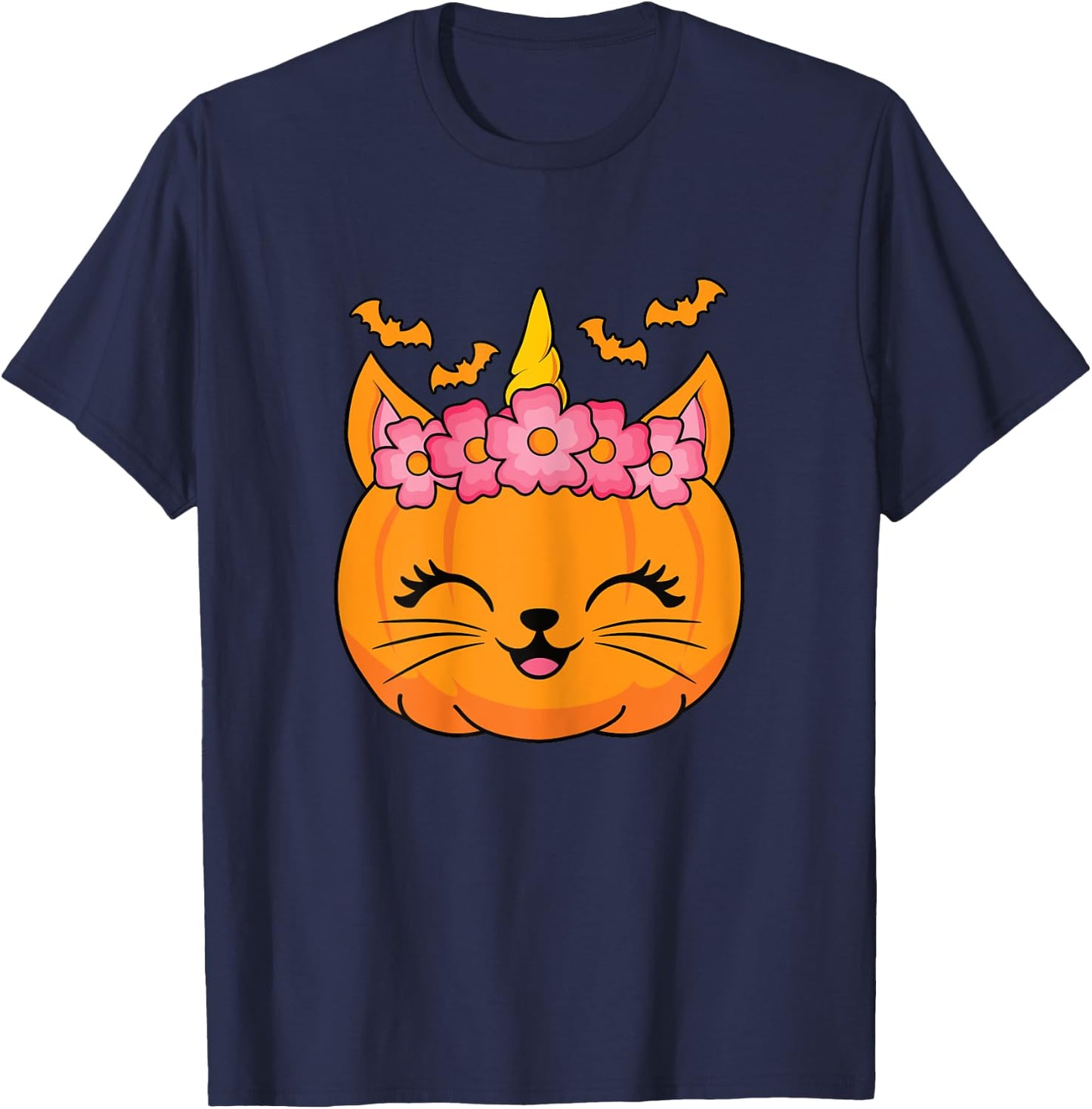 Cute Halloween Cat Unicorn Pumpkin Thanksgiving Women Girls T-Shirt - T-Shirt | Navy