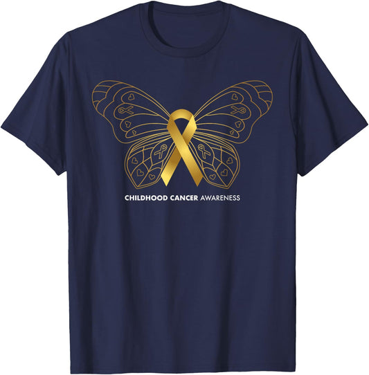 Childhood Cancer Awareness Shirts, Butterfly & Gold Ribbon T-Shirt - T-Shirt | Navy