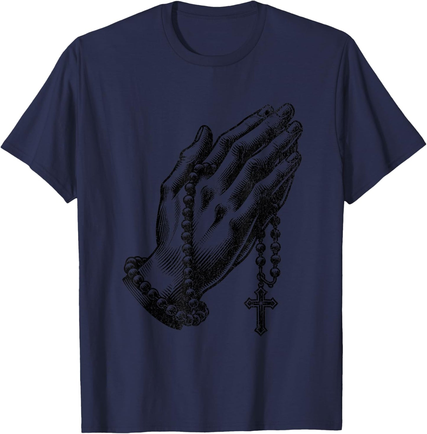 Catholic Rosary Beads Praying Hands Christian Religion , Small, Grey T-Shirt - T-Shirt | Navy