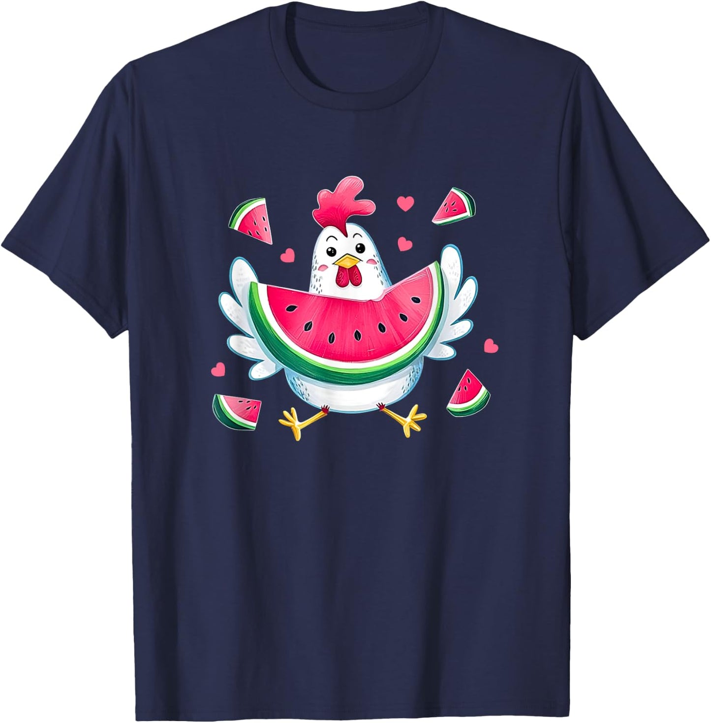 Cute Chicken Eating Watermelon Fruit Summer Funny Chicken T-Shirt - T-Shirt | Navy