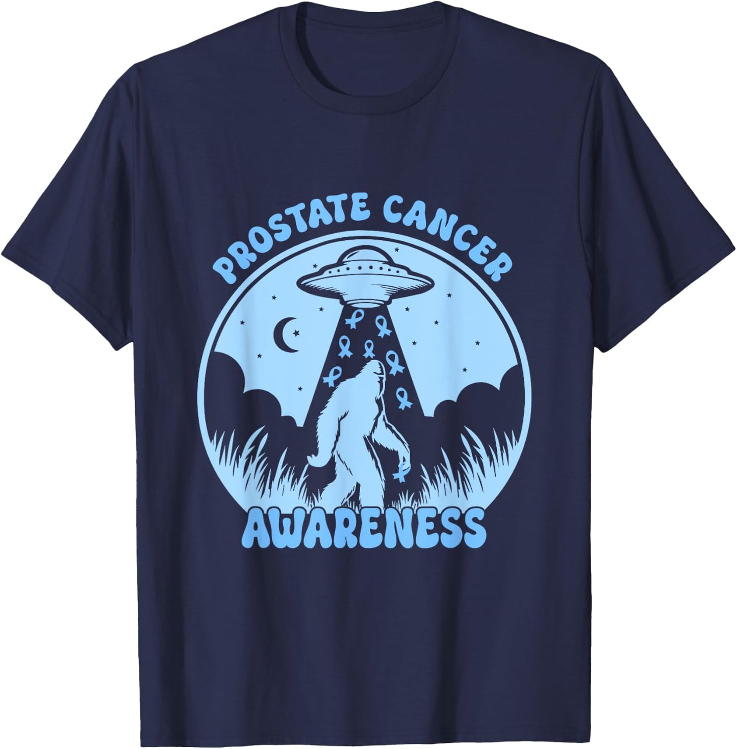 Prostate Cancer Awareness Funny Bigfoot UFO Blue Ribbon T-Shirt - T-Shirt | Navy