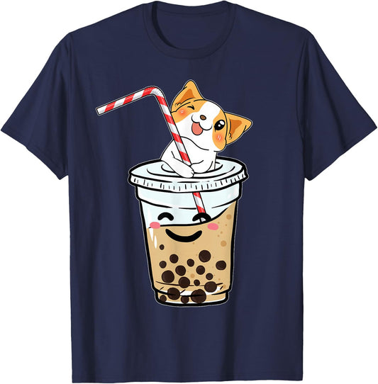 Cute Corgi Bubble Tea Boba Welsh Dog Gift Women Kids T-Shirt - T-Shirt | Navy