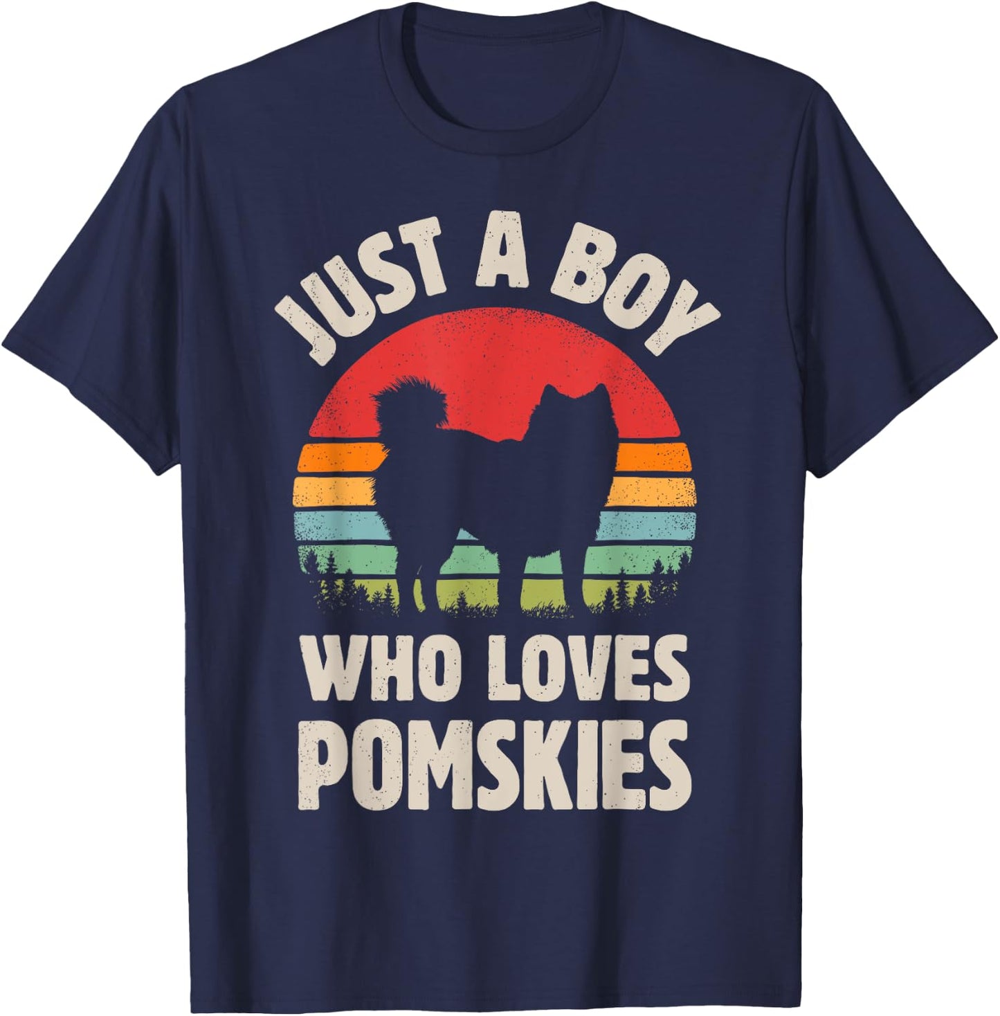 Pomsky Just A Boy Who Loves Pomskies Retro Vintage Sunset T-Shirt - T-Shirt | Navy