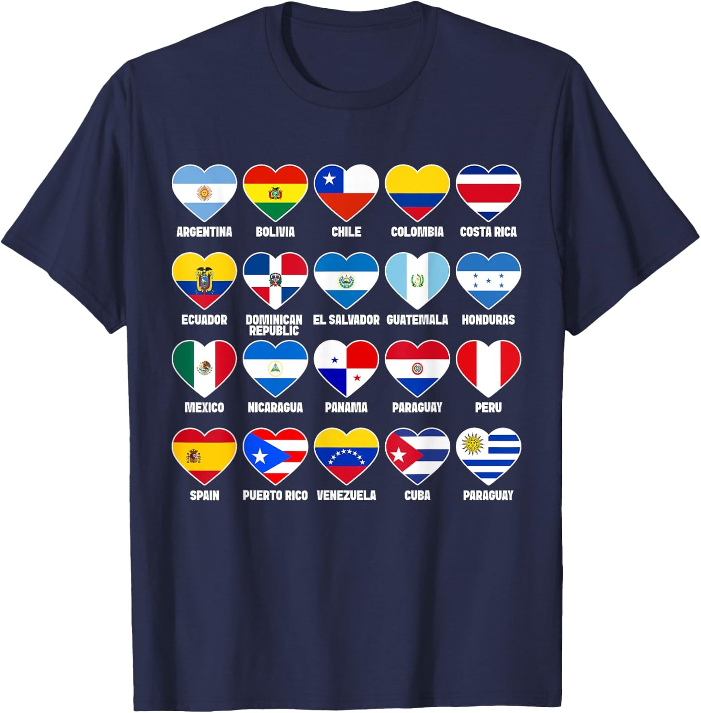 Hispanic Countries Flags Hearts Hispanic Heritage Month T-Shirt - T-Shirt | Navy