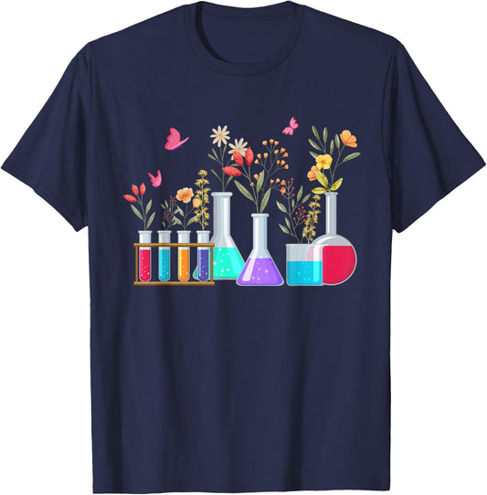 Floral Beakers Laboratory Butterfly Chemistry Science T-Shirt - T-Shirt | Navy