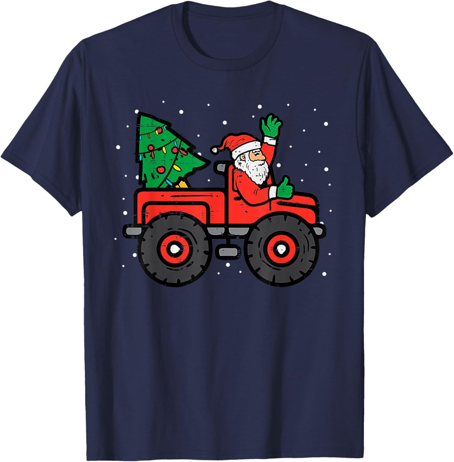Santa Riding Monster Truck Christmas Tree Lights Kid Toddler T-Shirt - T-Shirt | Navy