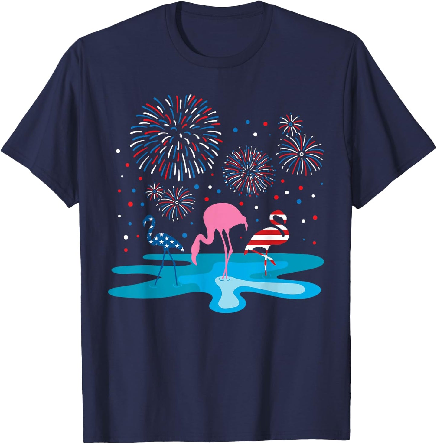 Flamingo 4th of July Fireworks Patriotic American USA Flag T-Shirt - T-Shirt | Navy