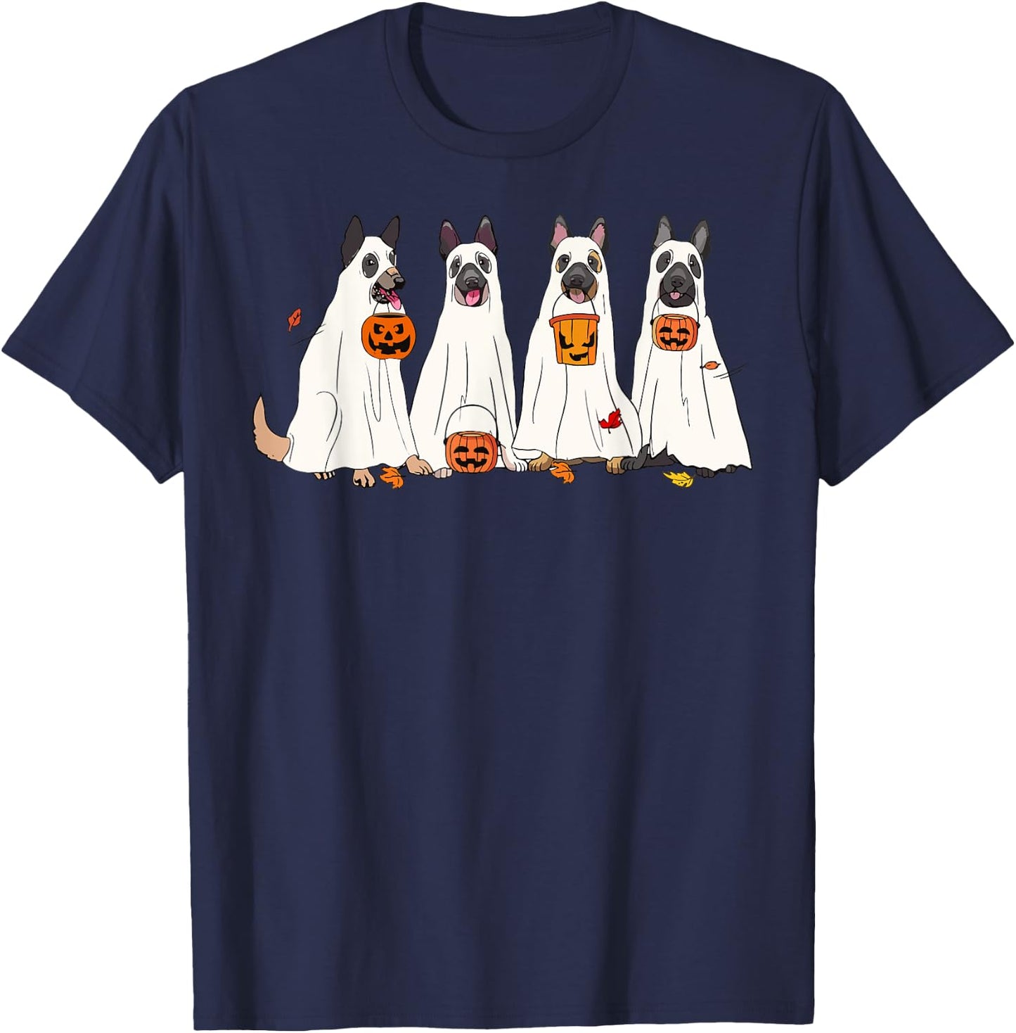 Dog Halloween Trick Or Treat Boo Ghost Pumpkin Malinois Dogs Men Women Kids T-Shirt - T-Shirt | Navy