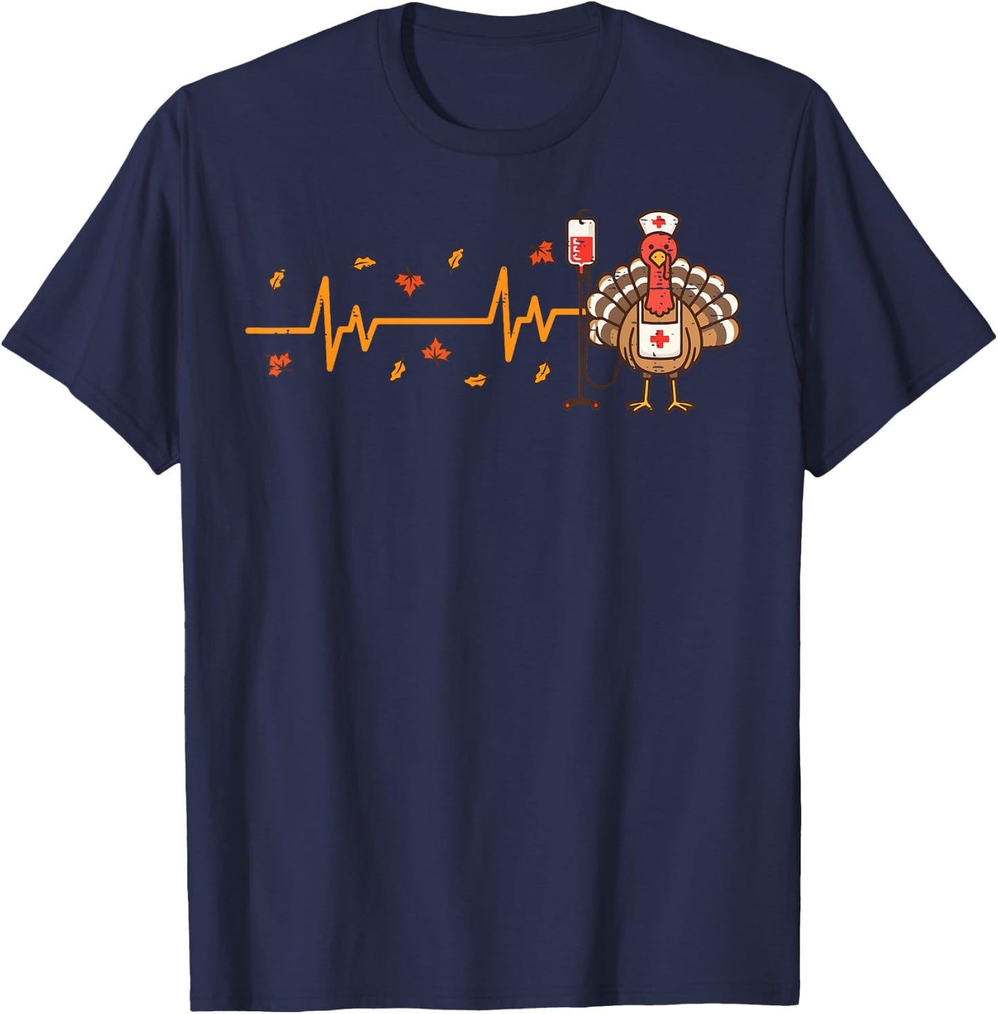 Thanksgiving Nurse Heartbeat Turkey Fall Scrub Top Women Men T-Shirt - T-Shirt | Navy