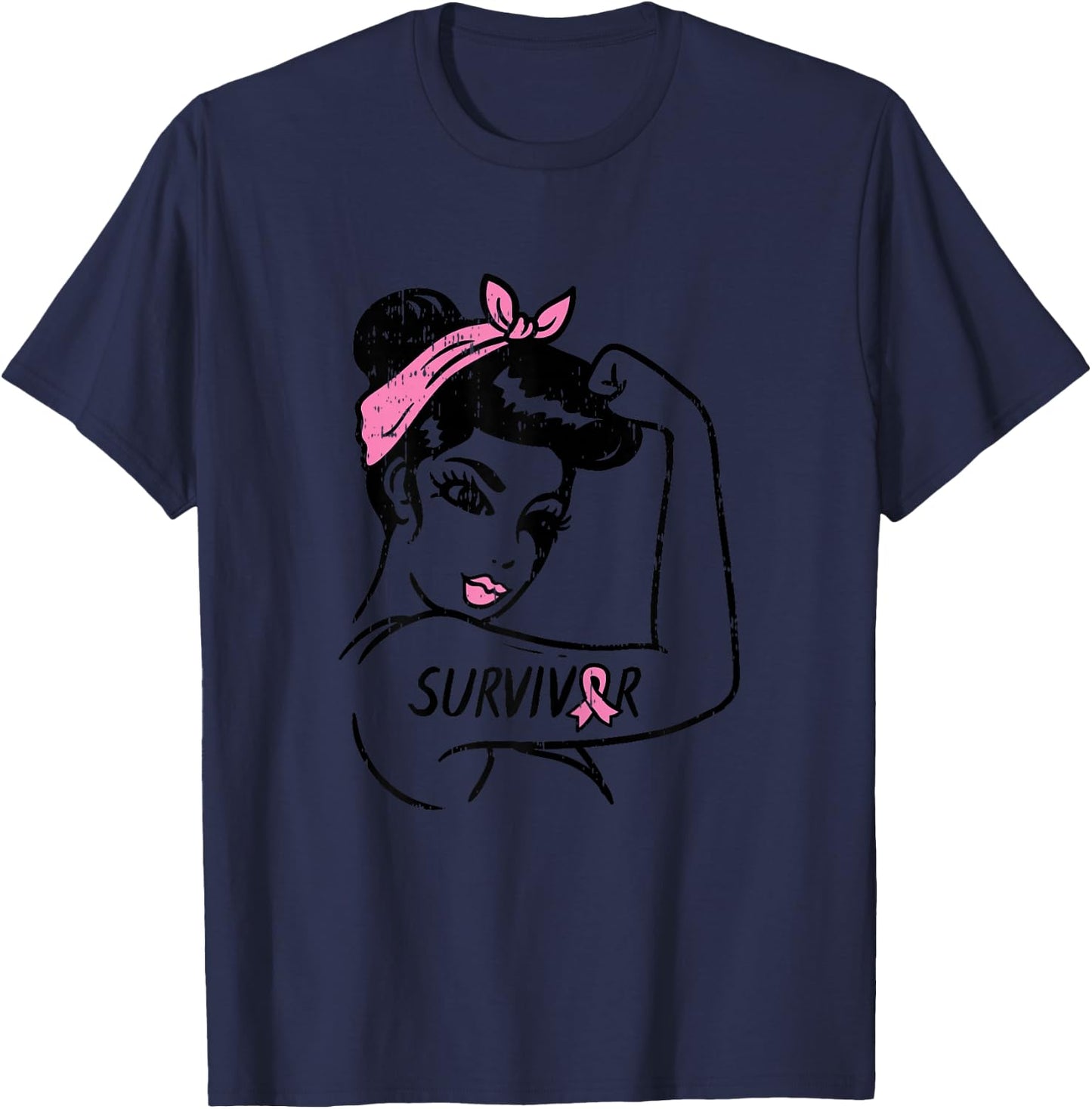 Rosie Riveter Breast Cancer Survivor Ribbon Awareness Women T-Shirt - T-Shirt | Navy