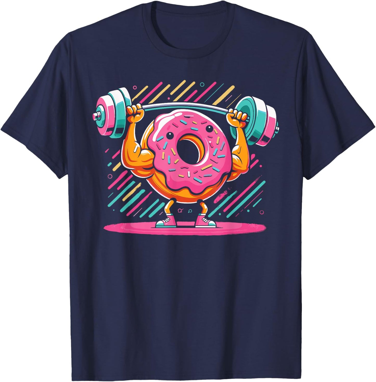 Funny Doughnut Weightlifting | Cartoon Donut Gym Workout T-Shirt - T-Shirt | Navy