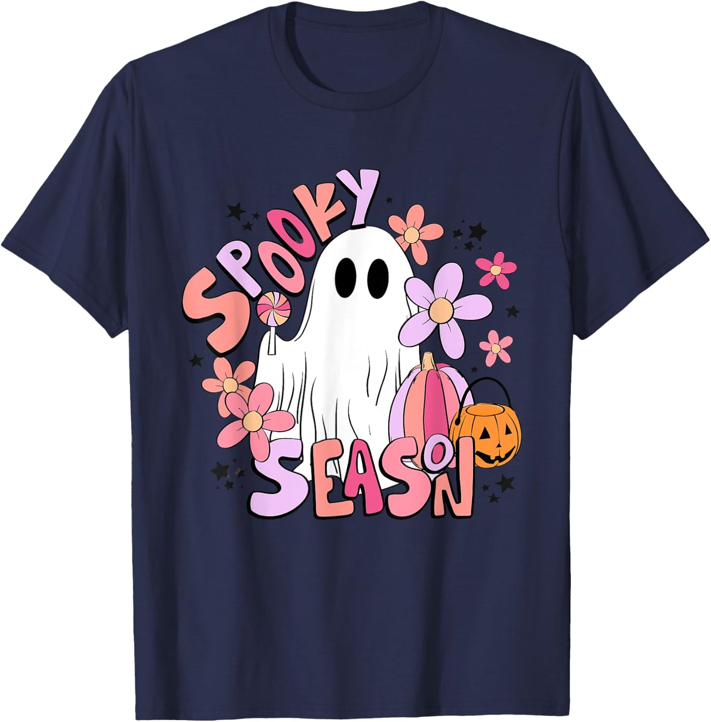Retro Cute Ghost Spooky Season Funny Halloween T-Shirt - T-Shirt | Navy