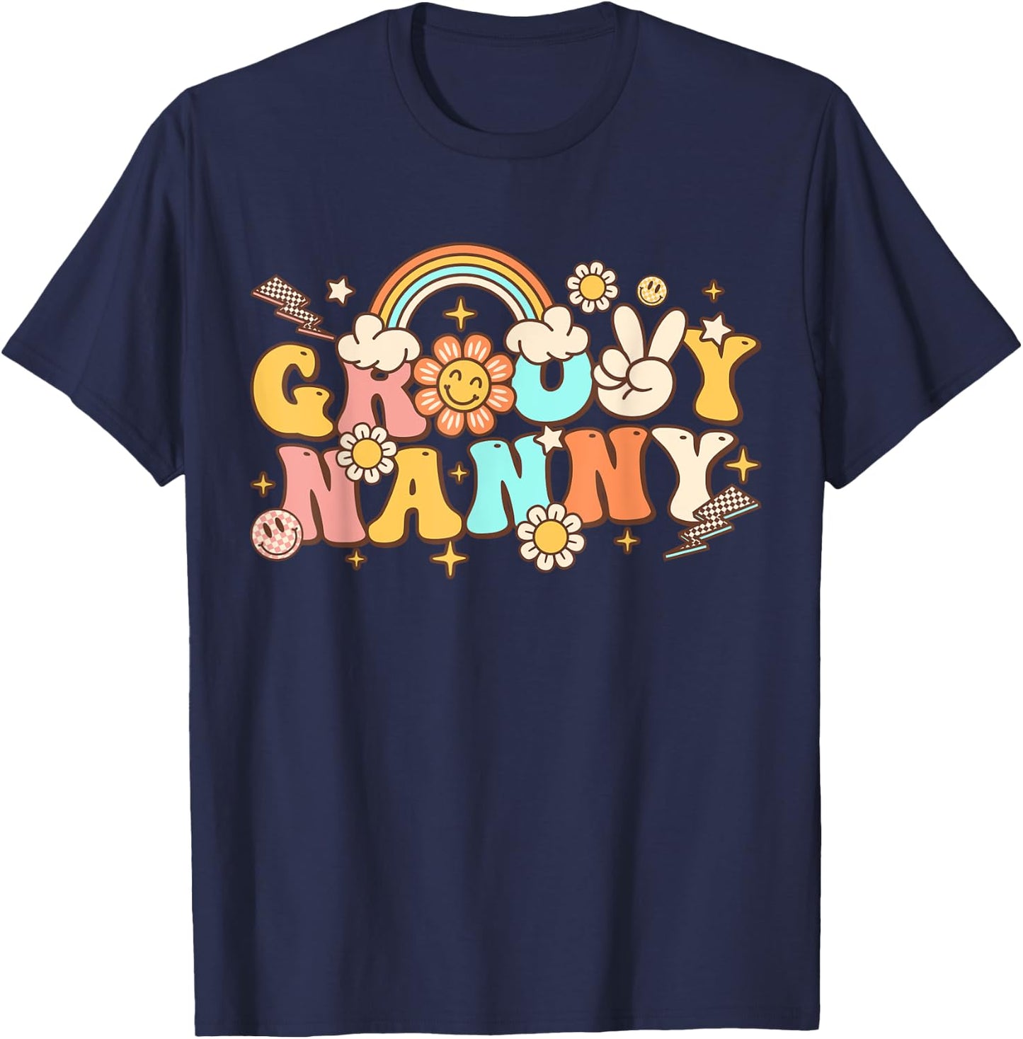 Retro Groovy Nanny Cute Hippie 70s Themed Birthday Party T-Shirt - T-Shirt | Navy