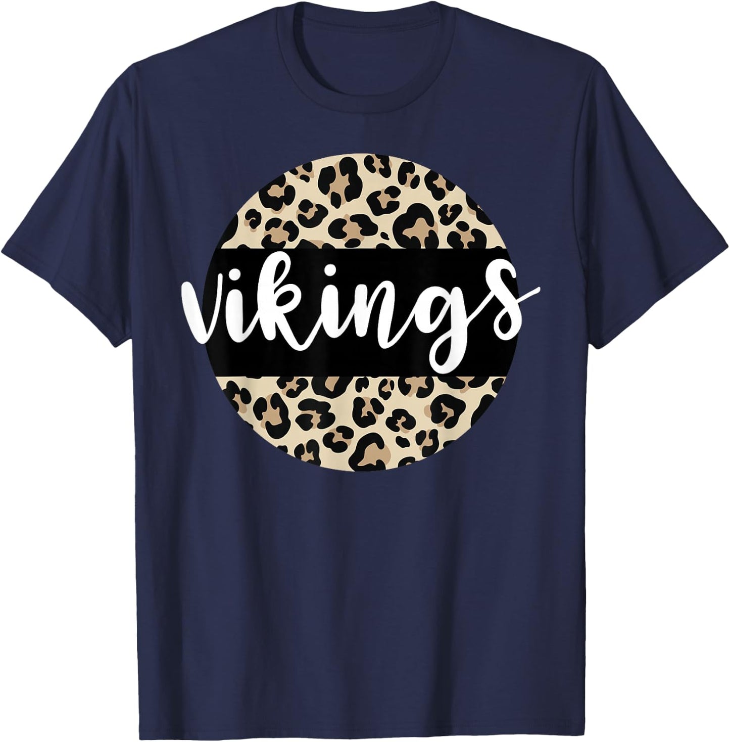 Leopard Print Vikings Team Mascot School Spirit Game Night T-Shirt - T-Shirt | Navy