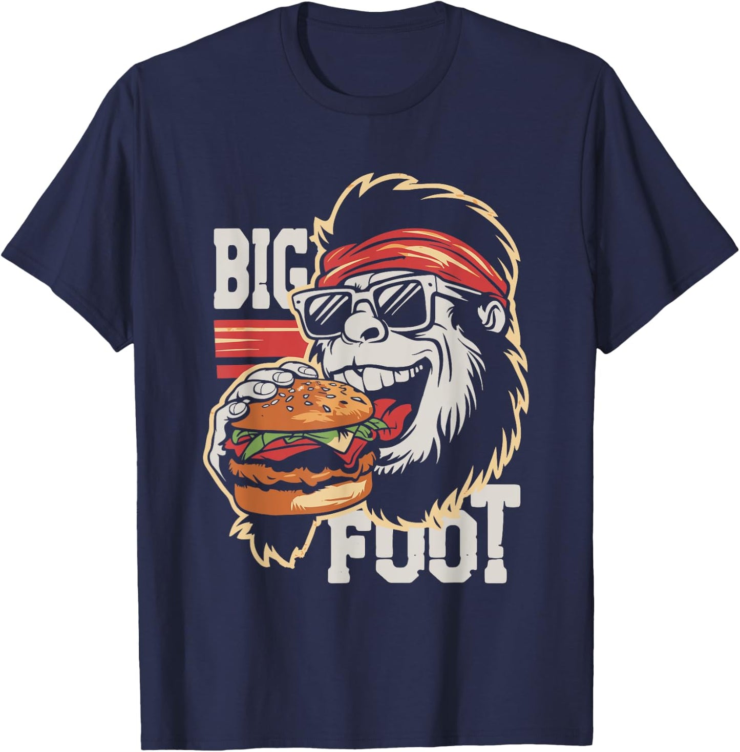 Bigfoot Eating Burger - Funny Hamburger Sasquatch Lover T-Shirt - T-Shirt | Navy