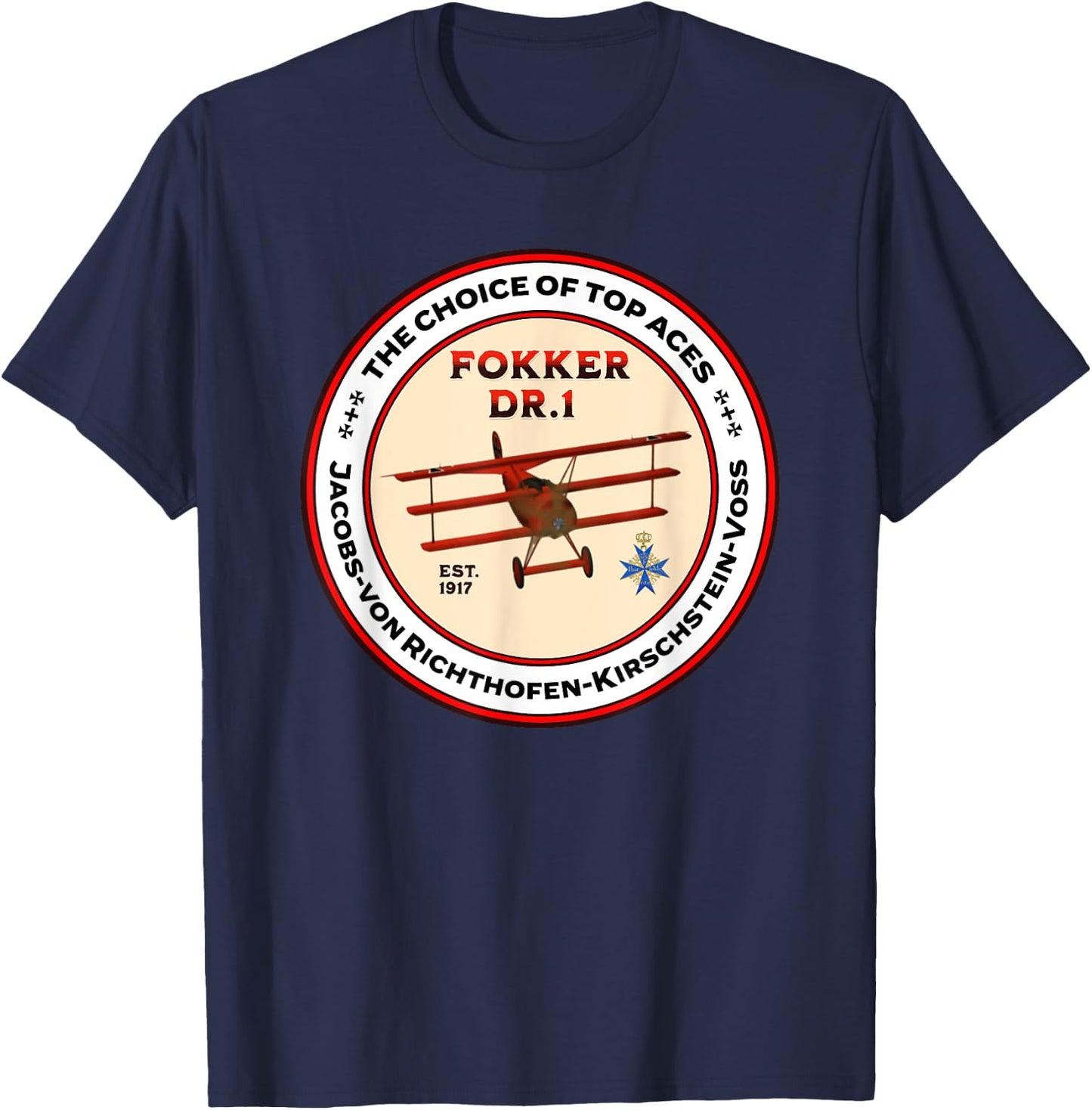 Fokker DR1 Triplane WW1 Fighter Plane Choice Of Top Aces T-Shirt - T-Shirt | Navy