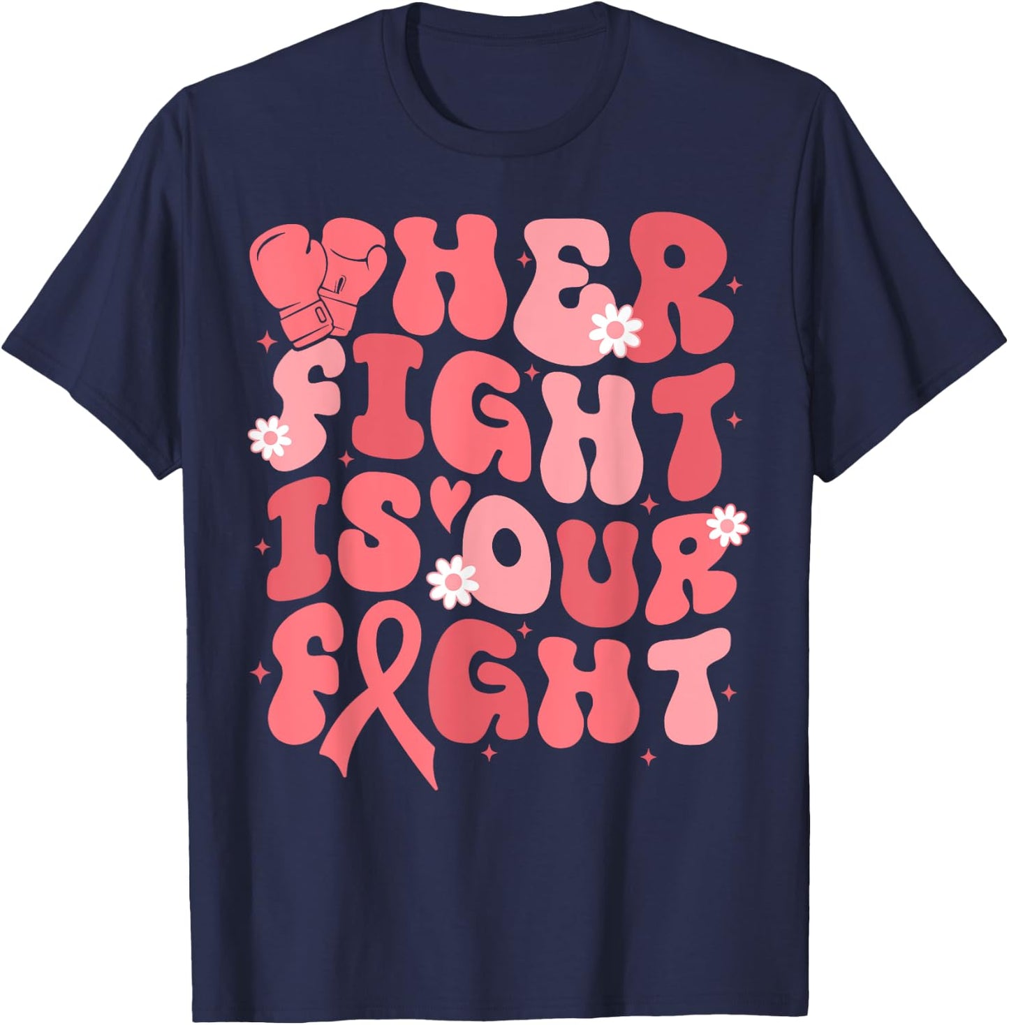 Uterine Cancer Her Fight Is Our Fight Peach Flower Ribbon T-Shirt - T-Shirt | Navy