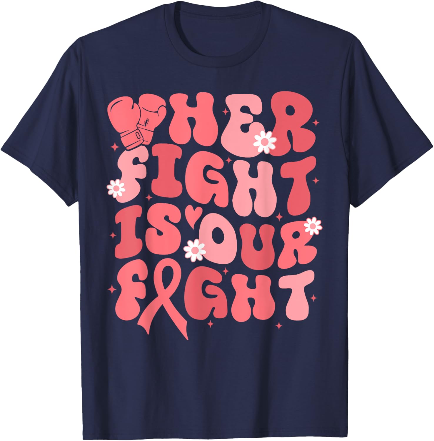 Uterine Cancer Her Fight Is Our Fight Peach Flower Ribbon T-Shirt - T-Shirt | Navy