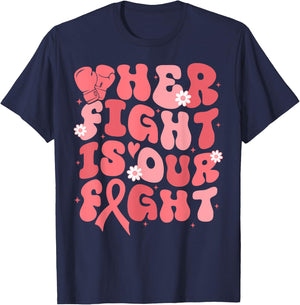 Uterine Cancer Her Fight Is Our Fight Peach Flower Ribbon T-Shirt - T-Shirt | Navy