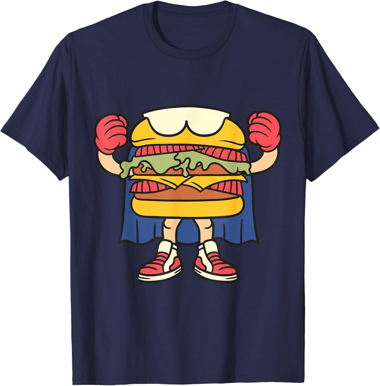 Superhero Hamburger with Boxing Gloves and Cape T-Shirt - T-Shirt | Navy