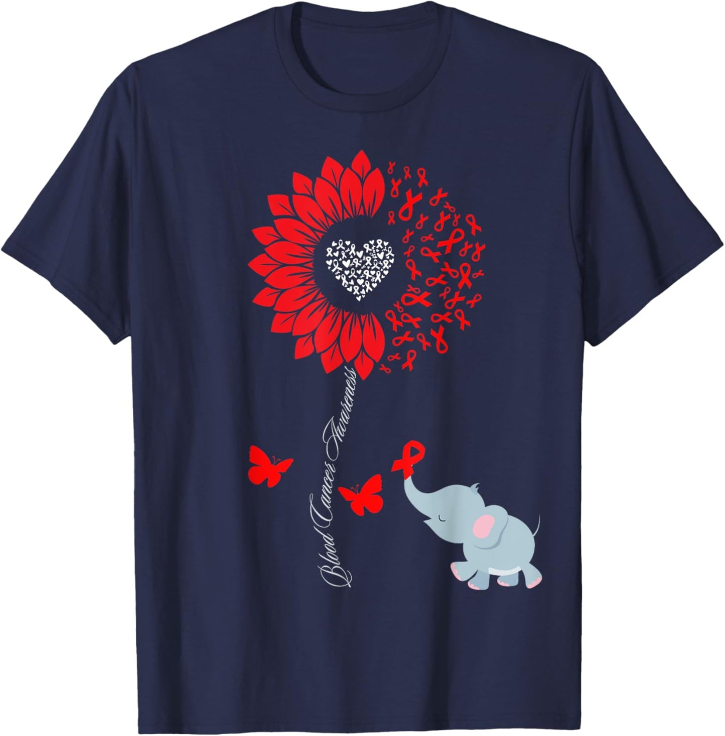 Blood Cancer Awareness Sunflower Elephant Butterfly Ribbon T-Shirt - T-Shirt | Navy
