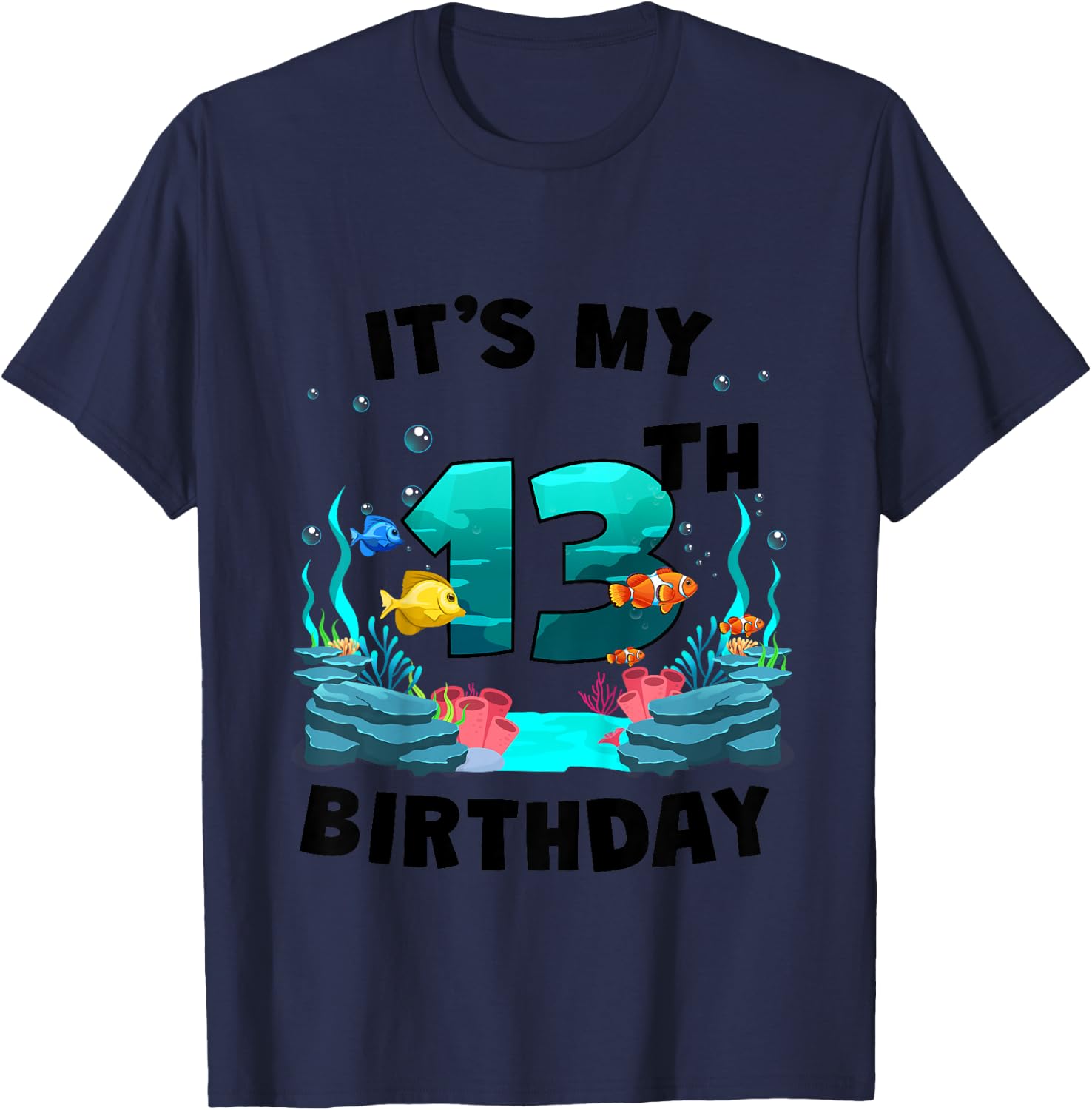 Kids 13th Birthday Ocean Sea Animals Theme 13 Year Old Bday T-Shirt - T-Shirt | Navy