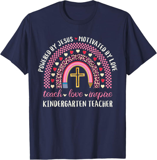 Powered By Jesus Love Christian Kinder Kindergarten Teacher Men Women T-Shirt - T-Shirt | Navy