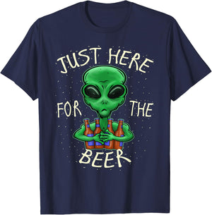 Beer Drinking Gift Just Here For The Beer Alien Graphic Beer T-Shirt - T-Shirt | Navy