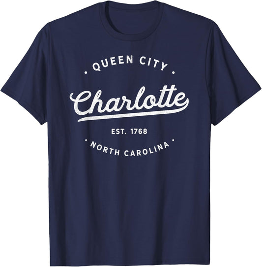 Classic Vintage Retro Charlotte Queen City NC USA Novelty T-Shirt - T-Shirt | Navy