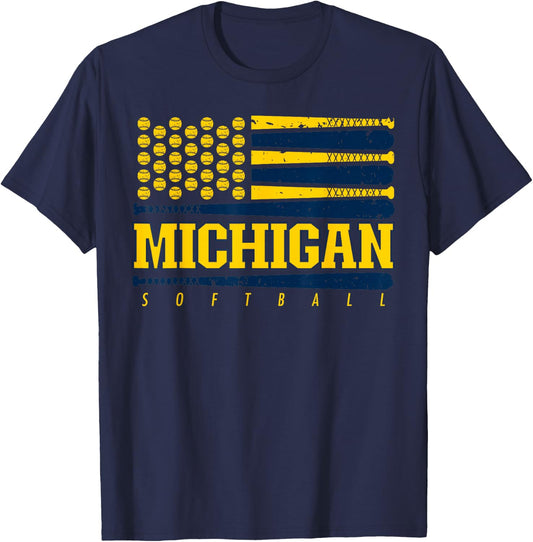 Michigan Softball Vintage Kids Team Retro Softball Fan T-Shirt - T-Shirt | Navy