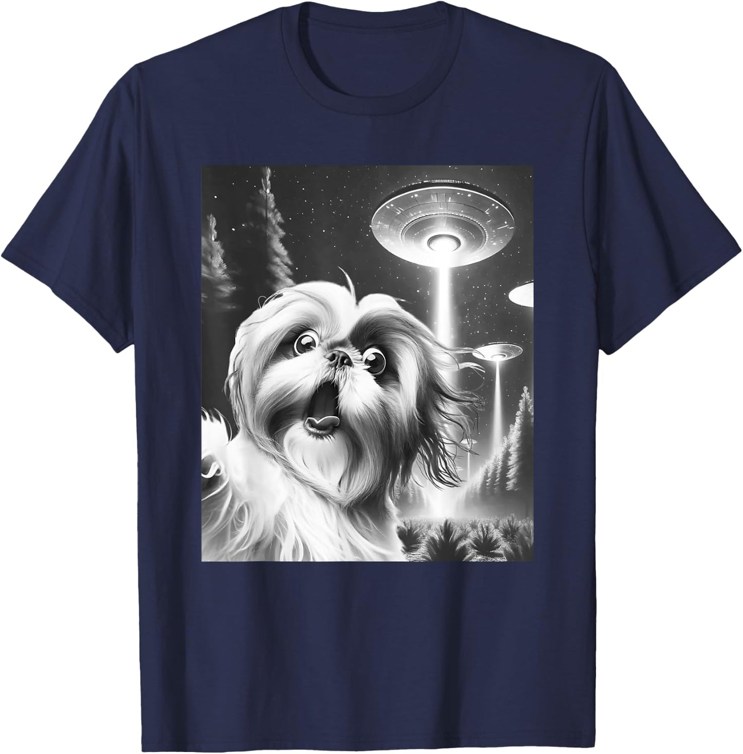 Funny Shih Tzu Alien UFO Taking a Selfie Dog Mom Dad Men Women Girls Kids T-Shirt - T-Shirt | Navy