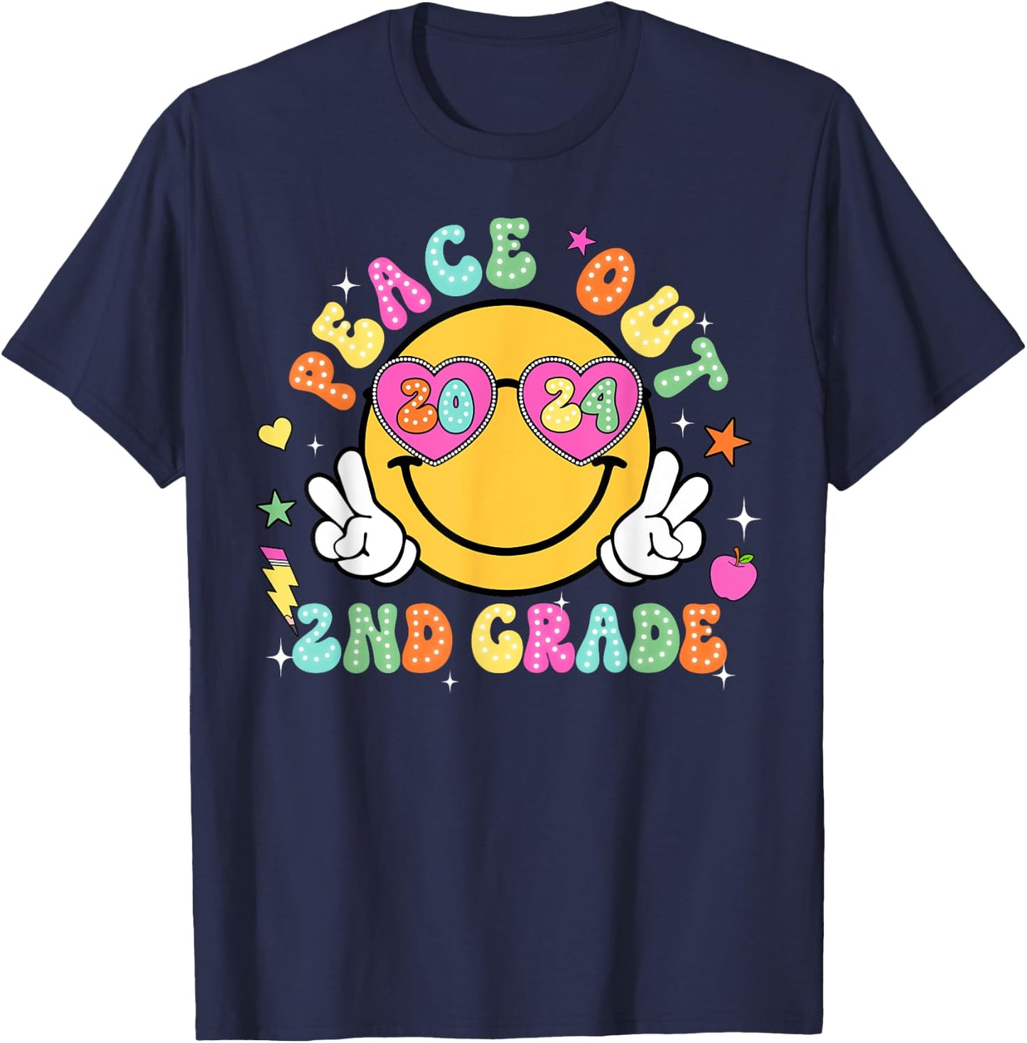 Peace Out Second Grade Cute Groovy Last Day of 2nd Grade T-Shirt - T-Shirt | Navy