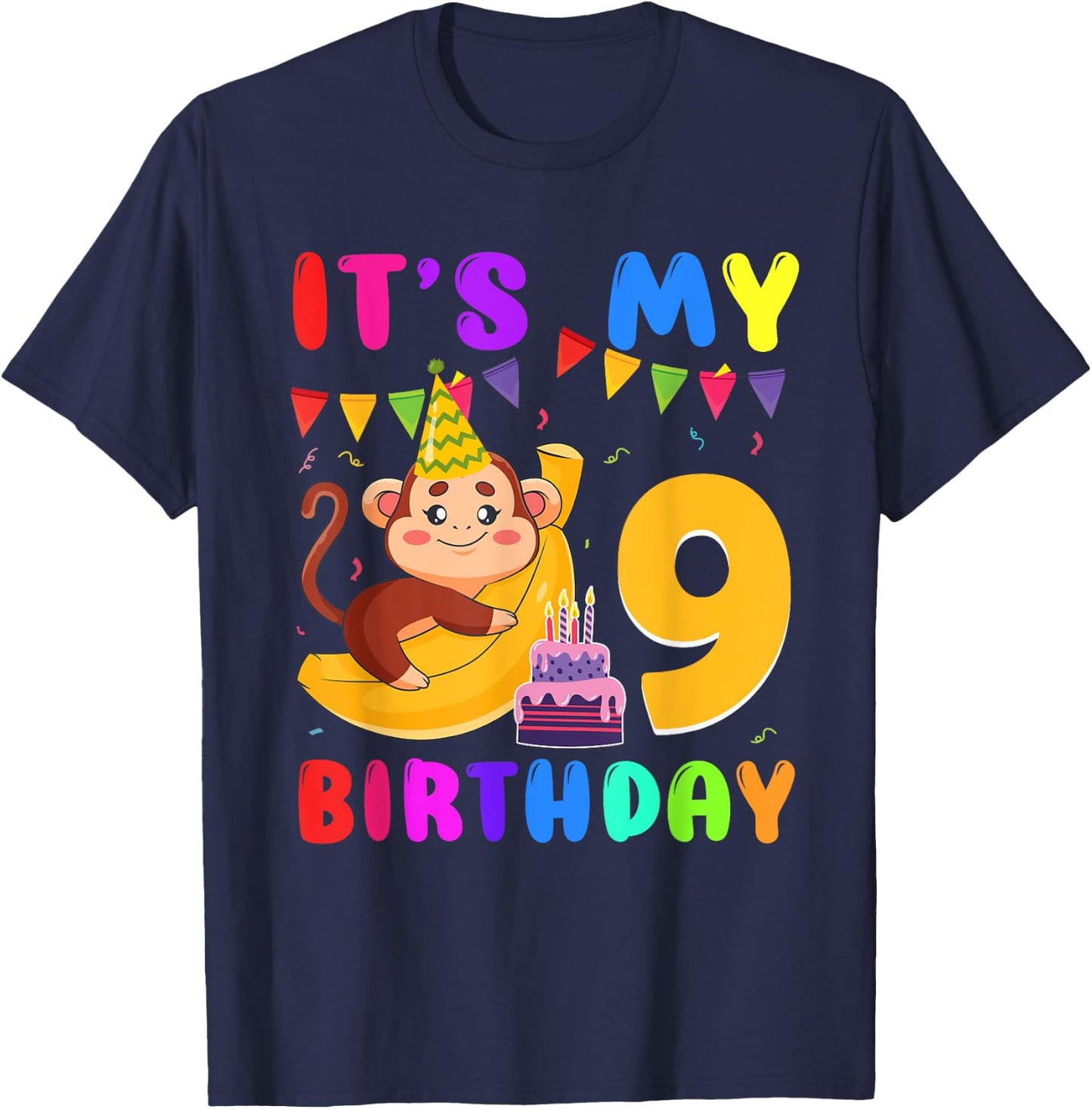 It's My 9th Birthday Monkey 9 Year Old Party Boys Girls Kids T-Shirt - T-Shirt | Navy